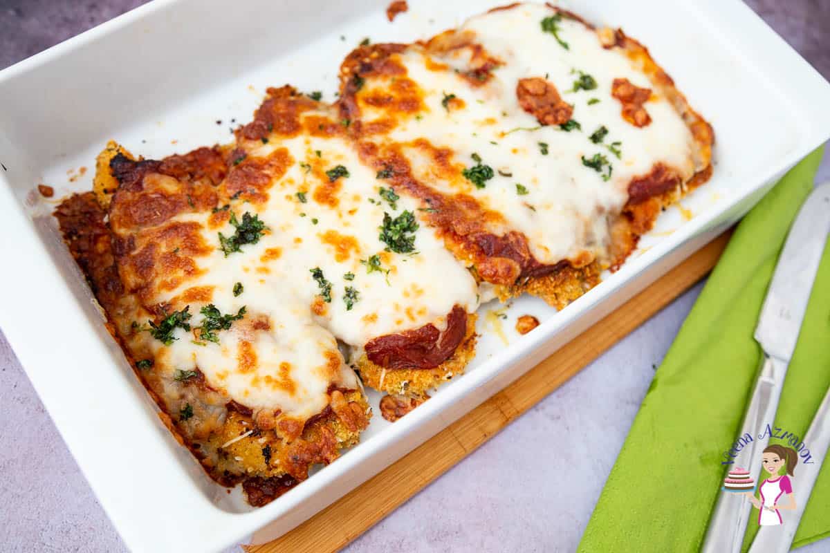 Chicken Parmesan in a serving dish.