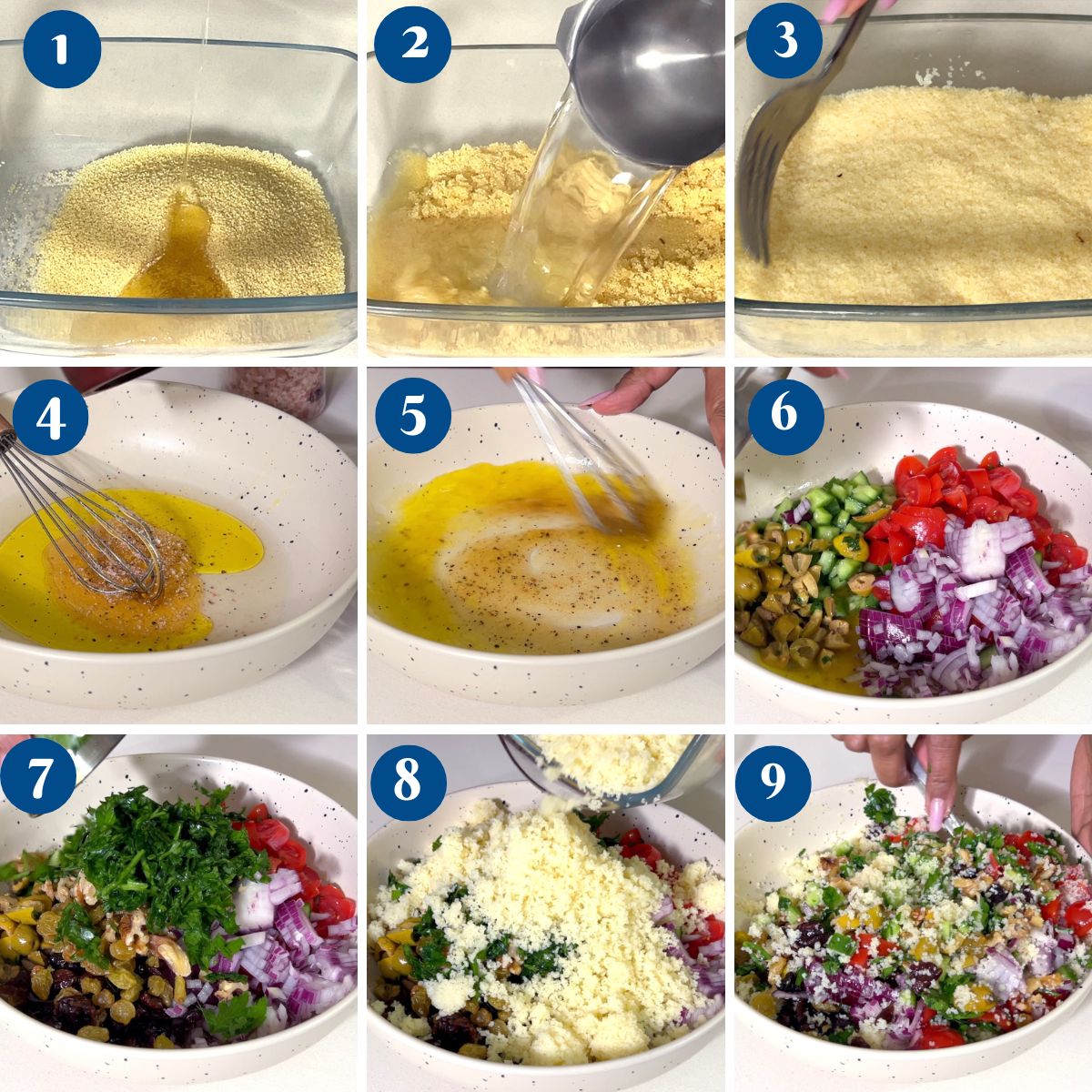 Progress pictures making couscous salad.