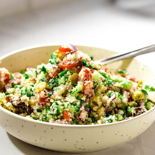A bowl with couscous salad.