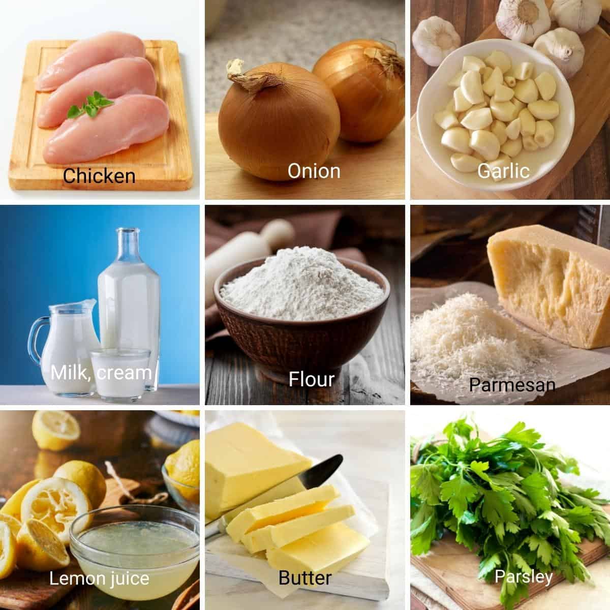 Ingredients for making chicken with white sauce.