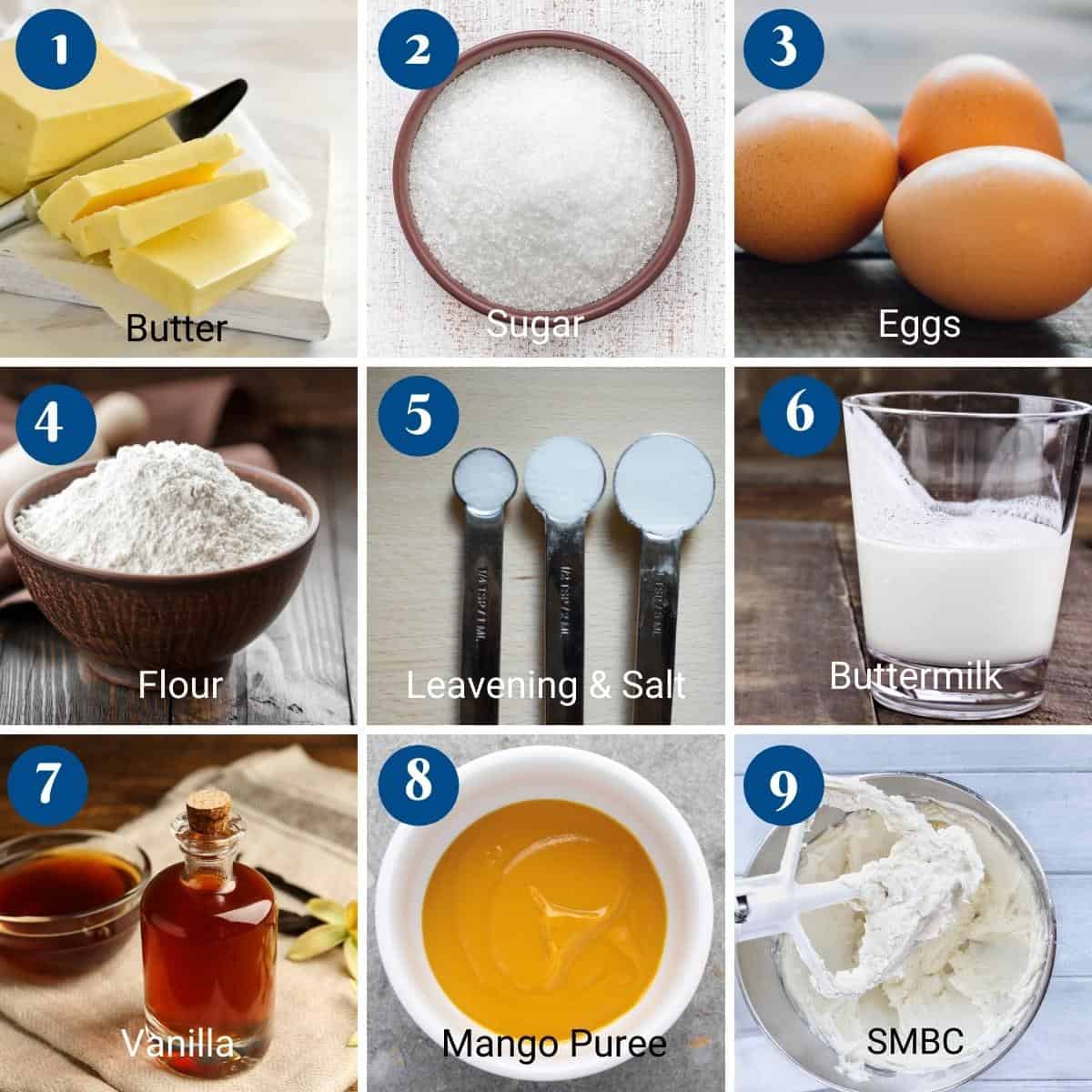 `ingredients shot collage for mango cake.