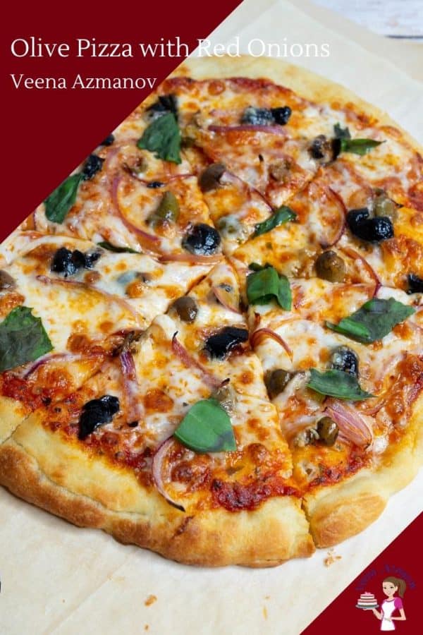 How to make pizza at home with homemade pizza crust and pizza sauce topped with olives and onions