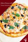 A pizza with olives and onions.