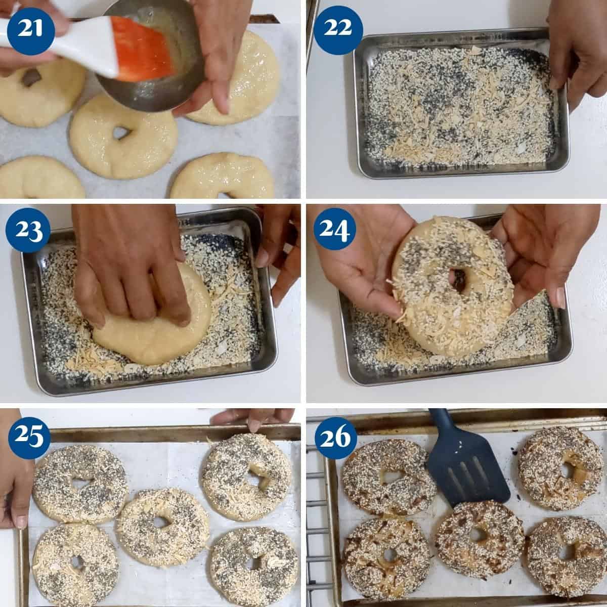 Progress pictures coating the bagels with everything bagel seasoning.