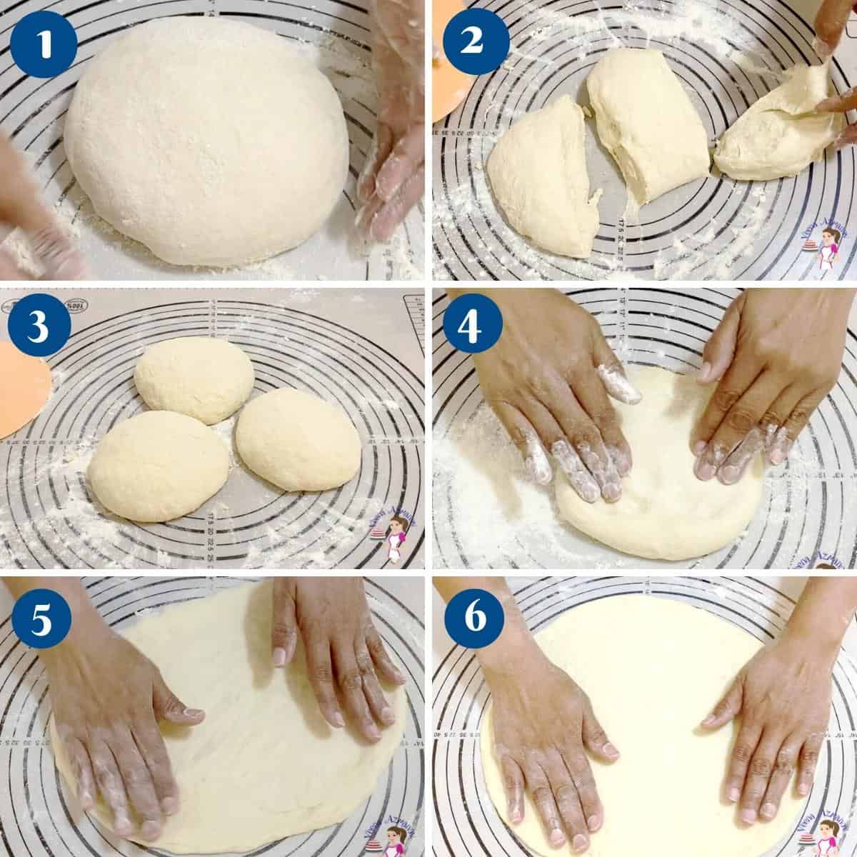 Progress pictures divide and shape the pizza dough.