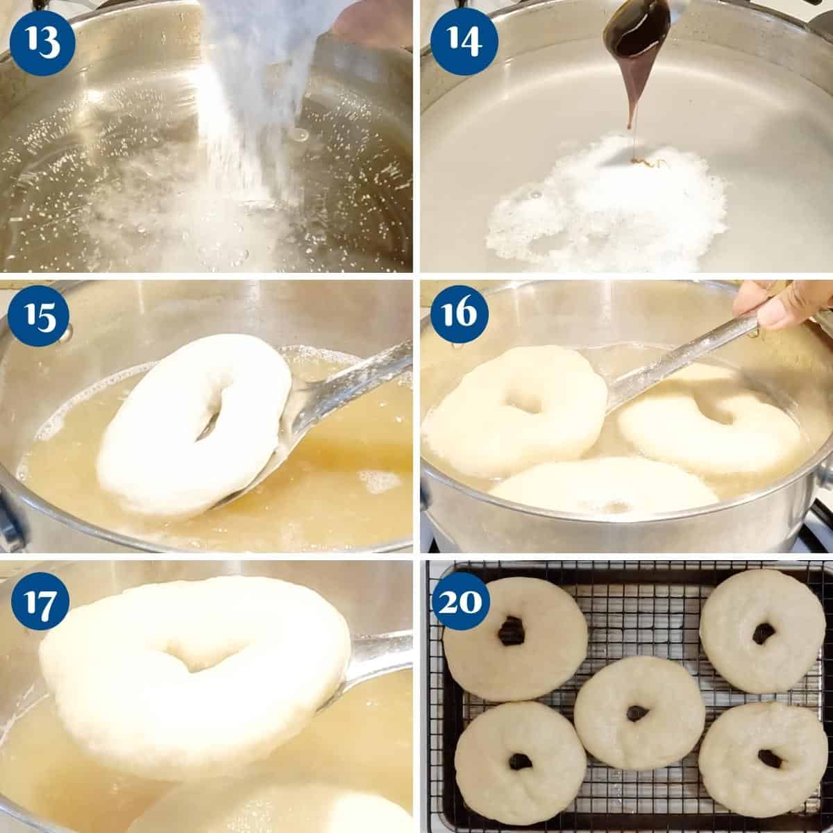 Progress pictures poaching the homemade bagels.