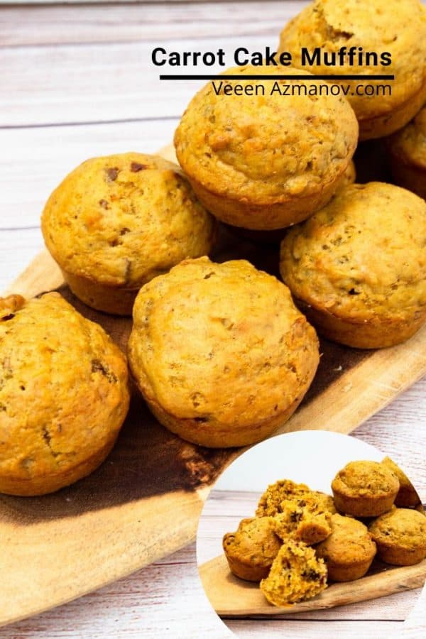 A stack of muffins on a wooden board.