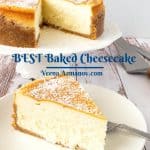 Pinterest image for baked vanilla cheesecake.