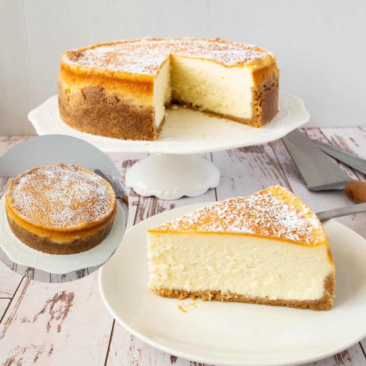 Sliced baked cheesecake on a cake stand and plate.