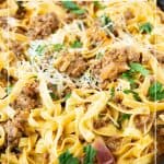 Pinterest image for beef enchilada pasta.