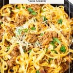 Pinterest image for beef enchilada pasta.