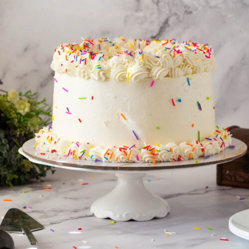 A frosted cake with rainbow sprinkles.