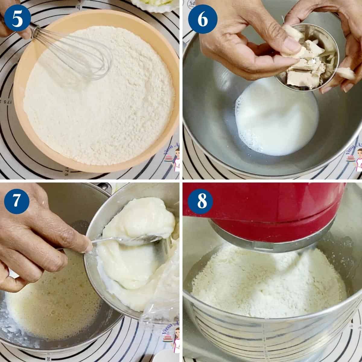 Progress pictures collage making the hokkaido bread dough.