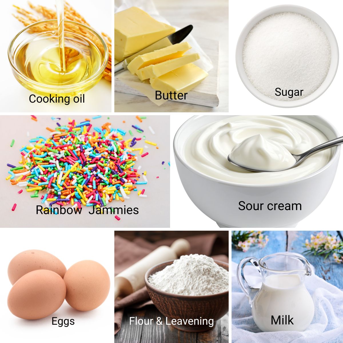 Ingredients for making funfetti cake and cupcakes.