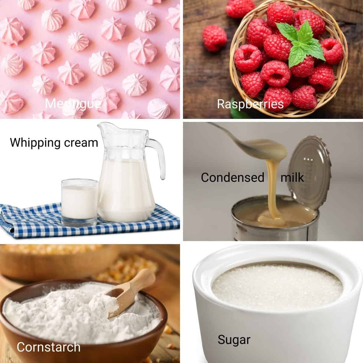 Ingredients for making raspberry pavlova ice cream.