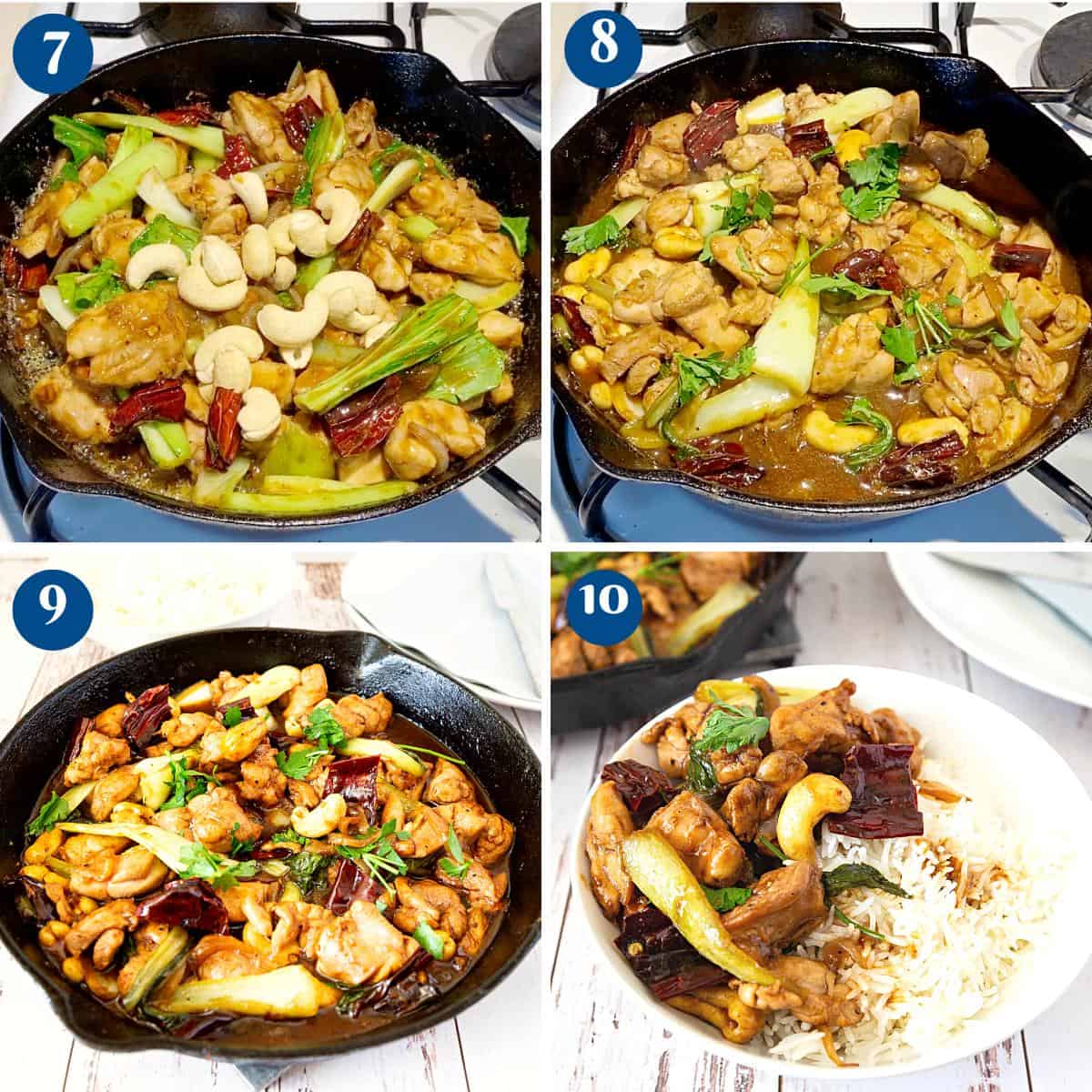Progress pictures stir frying the chicken with kund pao.
