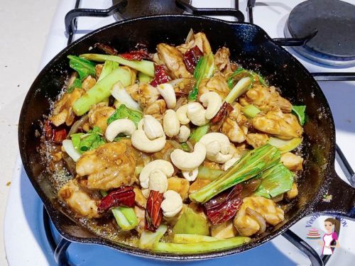 The kung pao is complete with peanuts or cashews.