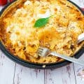 Lasagna in a skillet.
