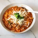 A bowl with skillet lasagna.