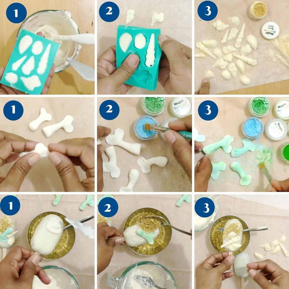 Progress pictures decorating cake popsicles.