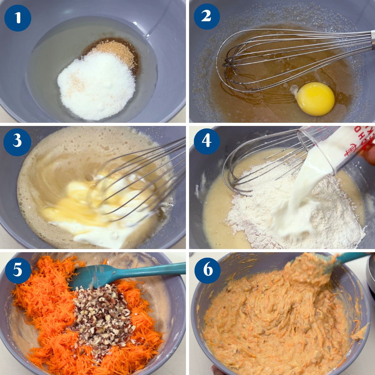 Progress pictures making carrot cake batter.