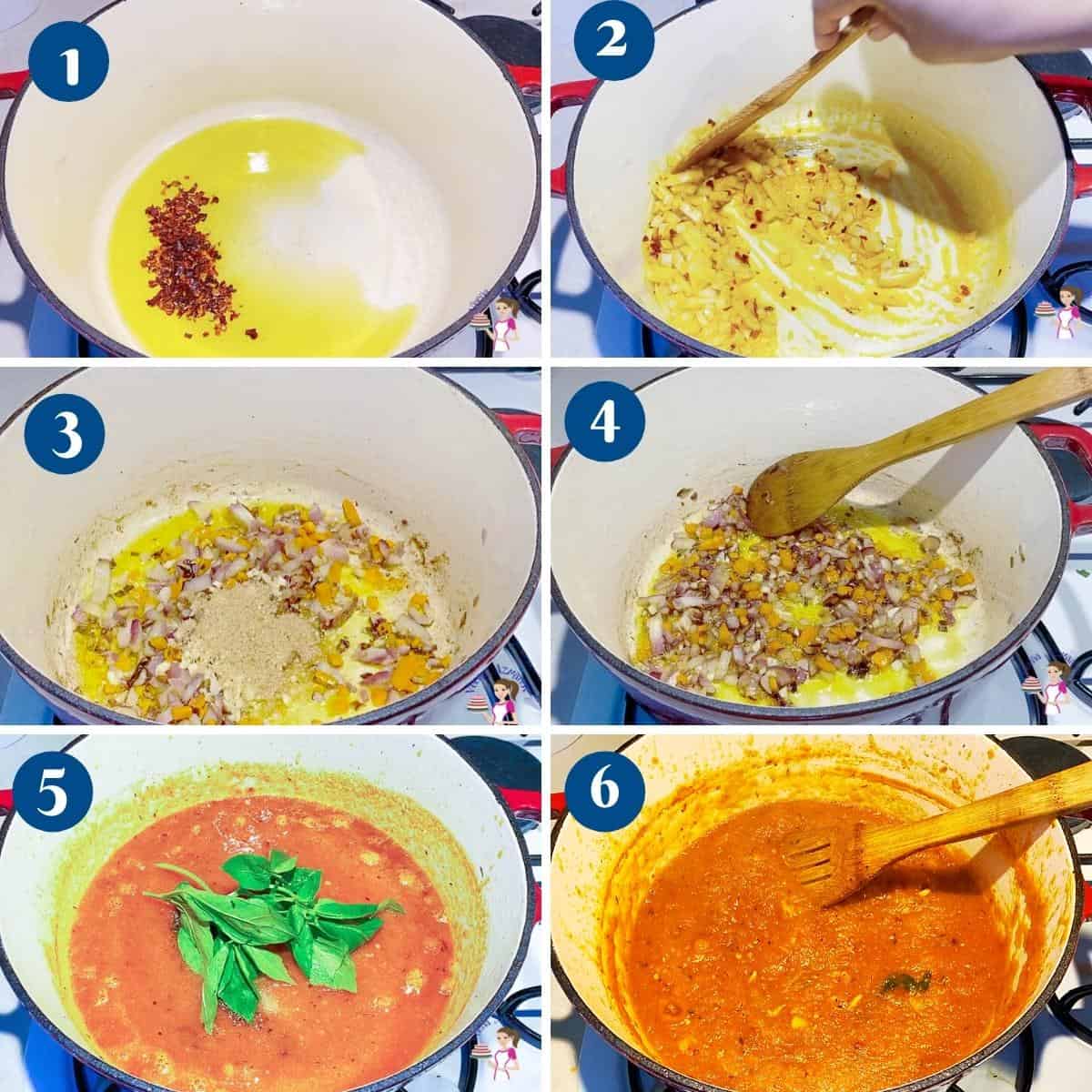 Progress pictures collage making the tomato marinara.