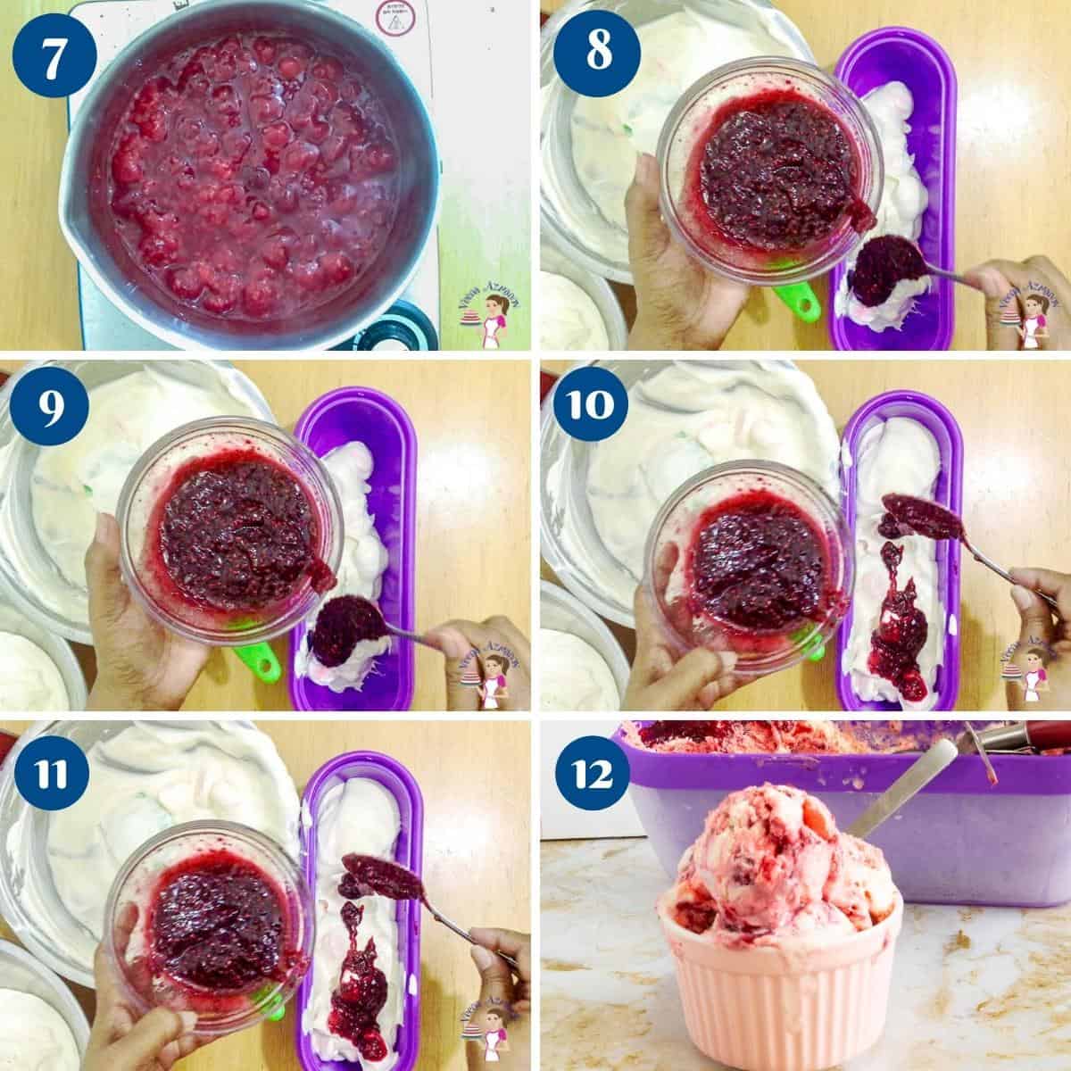 Progress pictures layering the raspberry pavlova ice cream