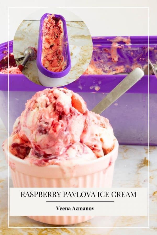 Pinterest image for no churn ice cream with pavlova and raspberries.