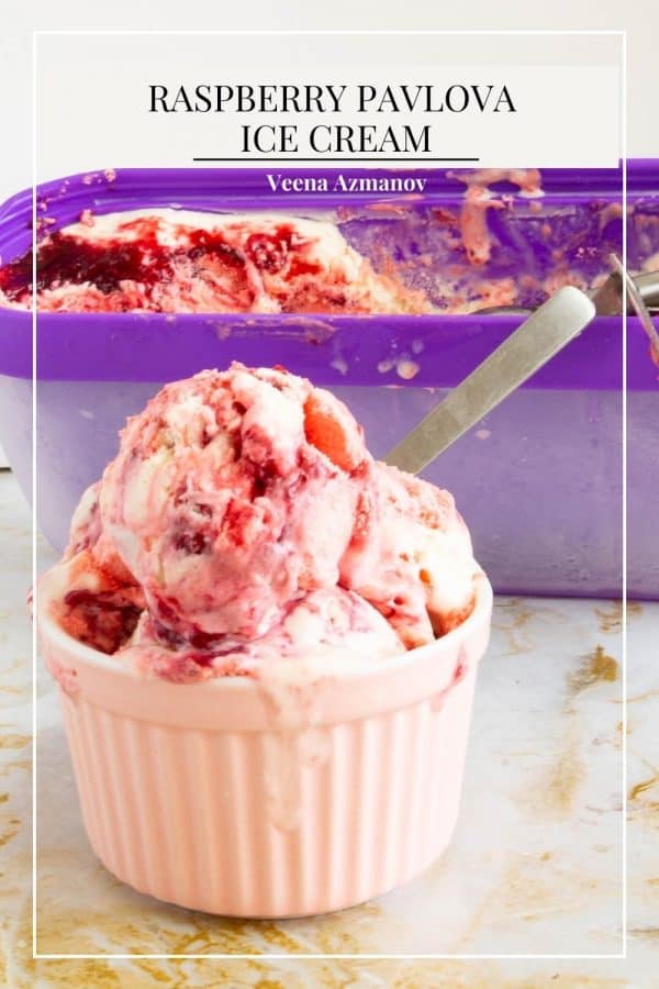 Pinterest image for no churn ice cream with pavlova and raspberries.