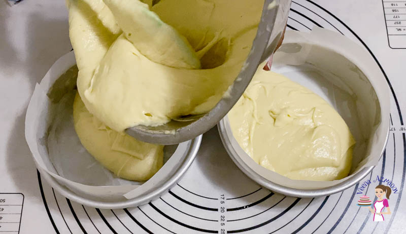Divide the cake batter between the two cake pans