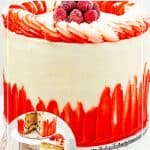Pinterest image for raspberry cake with white chocolate buttercream.