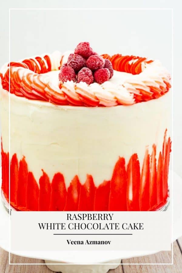 Pinterest image for raspberry cake with white chocolate buttercream.