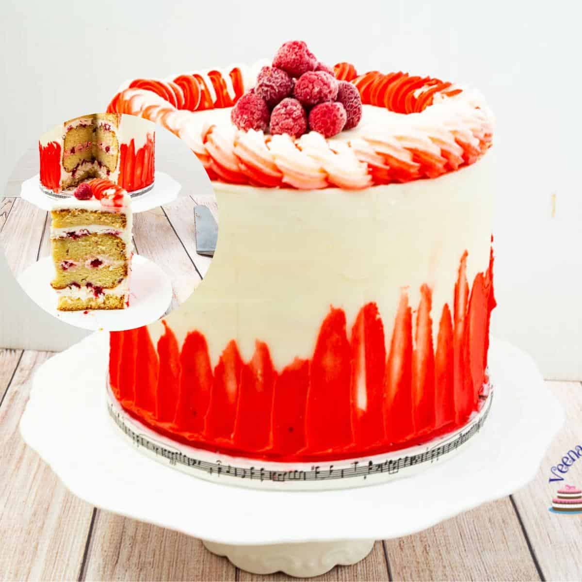 A raspberry white chocolate cake on a cake stand.