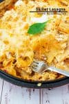 A close up of lasagna in a skillet.