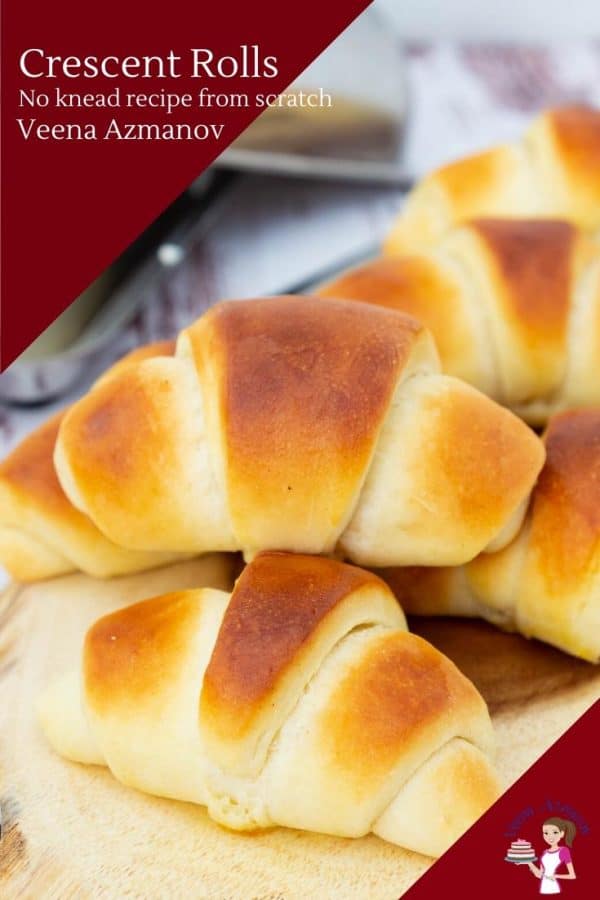 No Knead homemade soft bread rolls into crescent shape