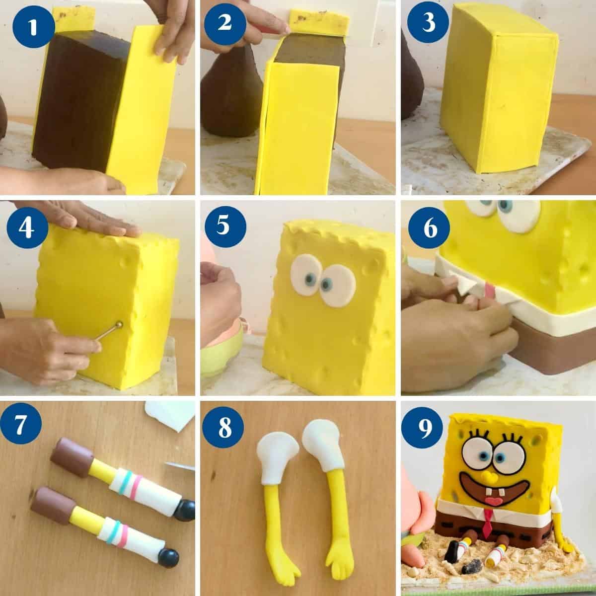 Progress pictures decorating the Spongebob cake with fondant.