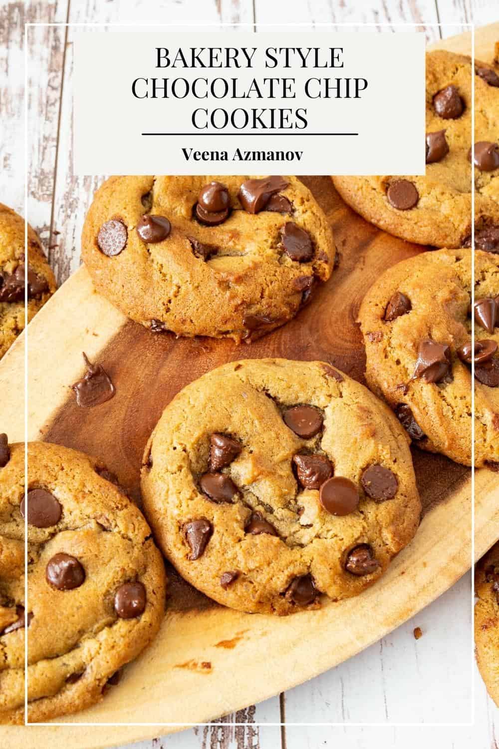 Pinterest image for making bakery style cookies with chocolate chips.