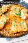 A close up creamy Chicken in a skillet.