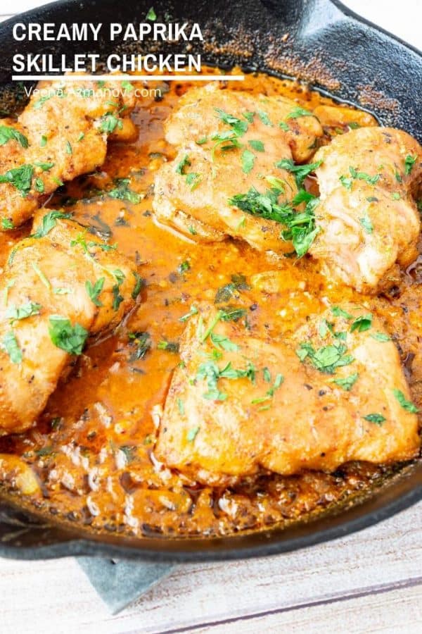 A close up creamy Chicken in a skillet.