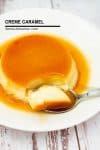 A plate of caramel flan with a spoon.