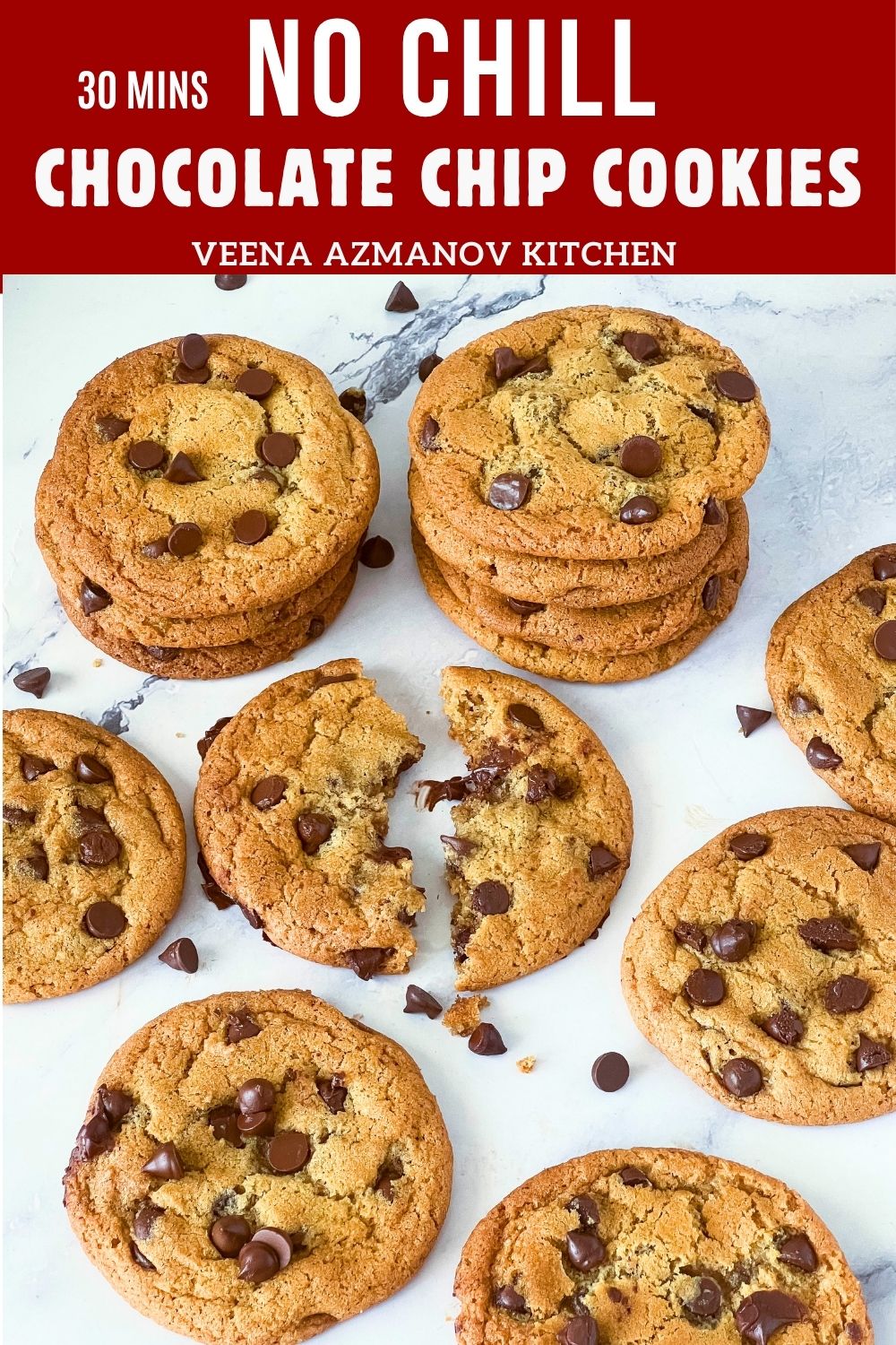 Pinterest image for quick 30 mins no chill everyday chocolate chip cookies.