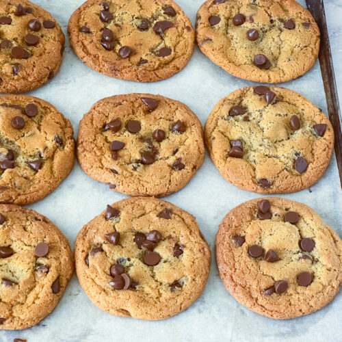 A baking tray with fresh chocolate chip cookies.
