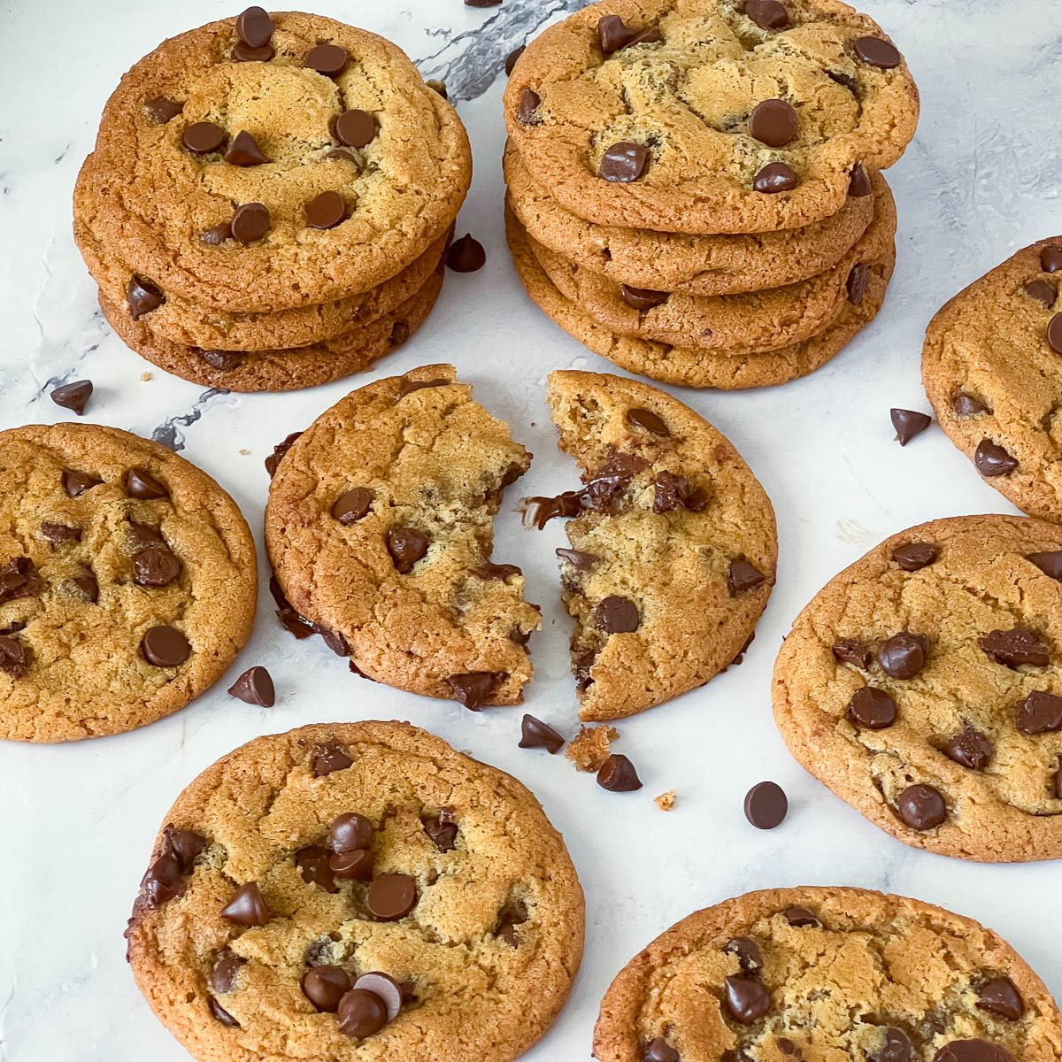 Stack of no chill chocolate chip cookies on the table.