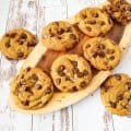 chocolate chip cookies on a wooden serving plate