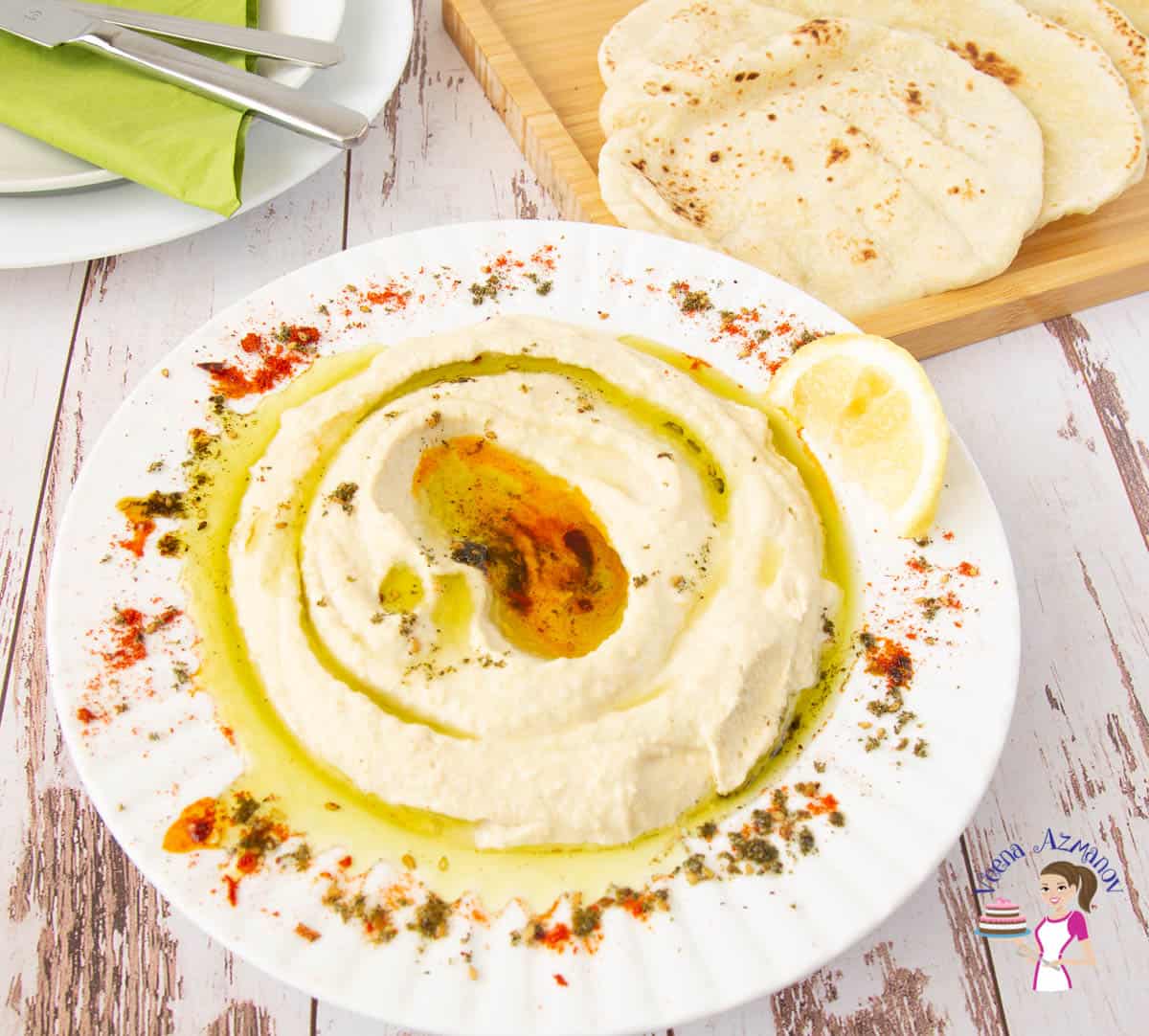 A plate of hummus.
