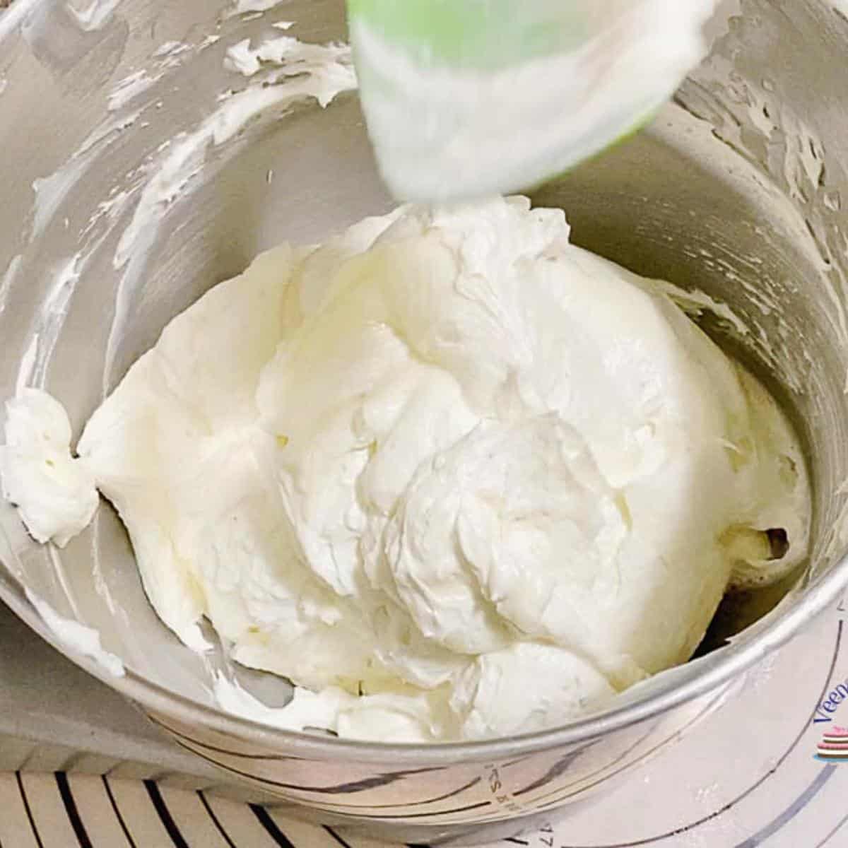 Boiled flour frosting in a stand mixer.