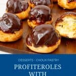 Pinterest image for profiteroles with pastry cream.