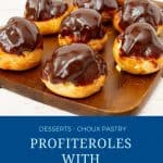 Pinterest image Profiterole filled with pastry cream.