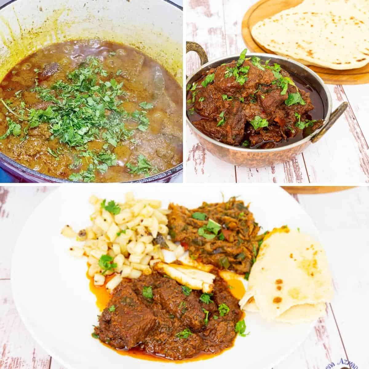 Collage showing curry served in plate.
