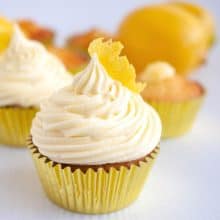 A cupcake with lemon curd and buttercream.